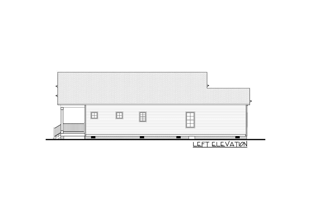 Left elevation drawing of a house plan featuring a covered porch, multiple windows, and horizontal siding.