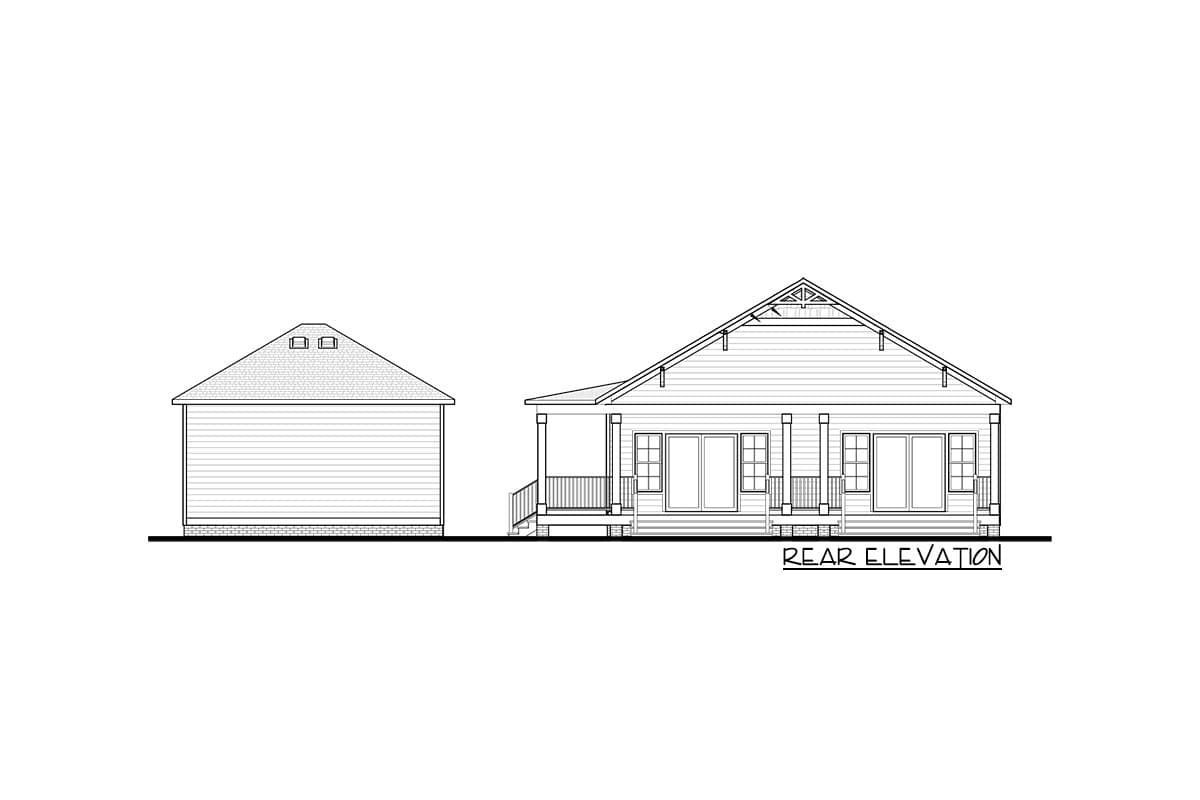 Rear elevation drawing of a one-story house plan with a covered porch, double doors, and dormer windows.