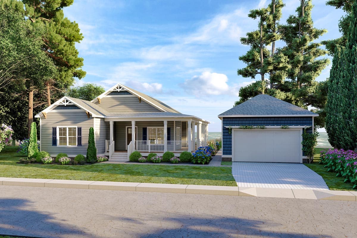 House plan exterior featuring a one-story, Craftsman-style home with a front porch, gabled roof, and detached garage with a white garage door.