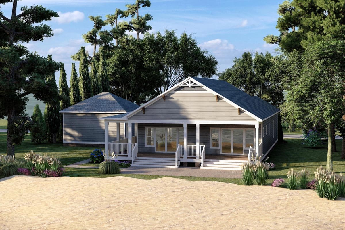 House plan exterior: one-story Modern Farmhouse with a covered porch, gables, and horizontal siding.
