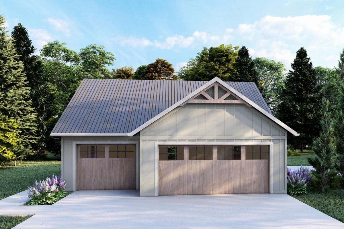 House plan exterior featuring a Modern Farmhouse style with a gable roof, decorative truss, and two garage bays.