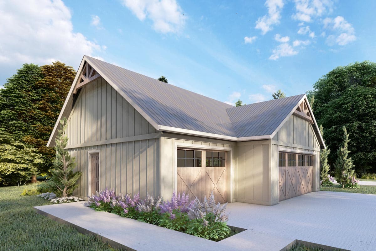 House plan exterior with a gable roof, vertical siding, and two garage doors with cross-bracing detail.
