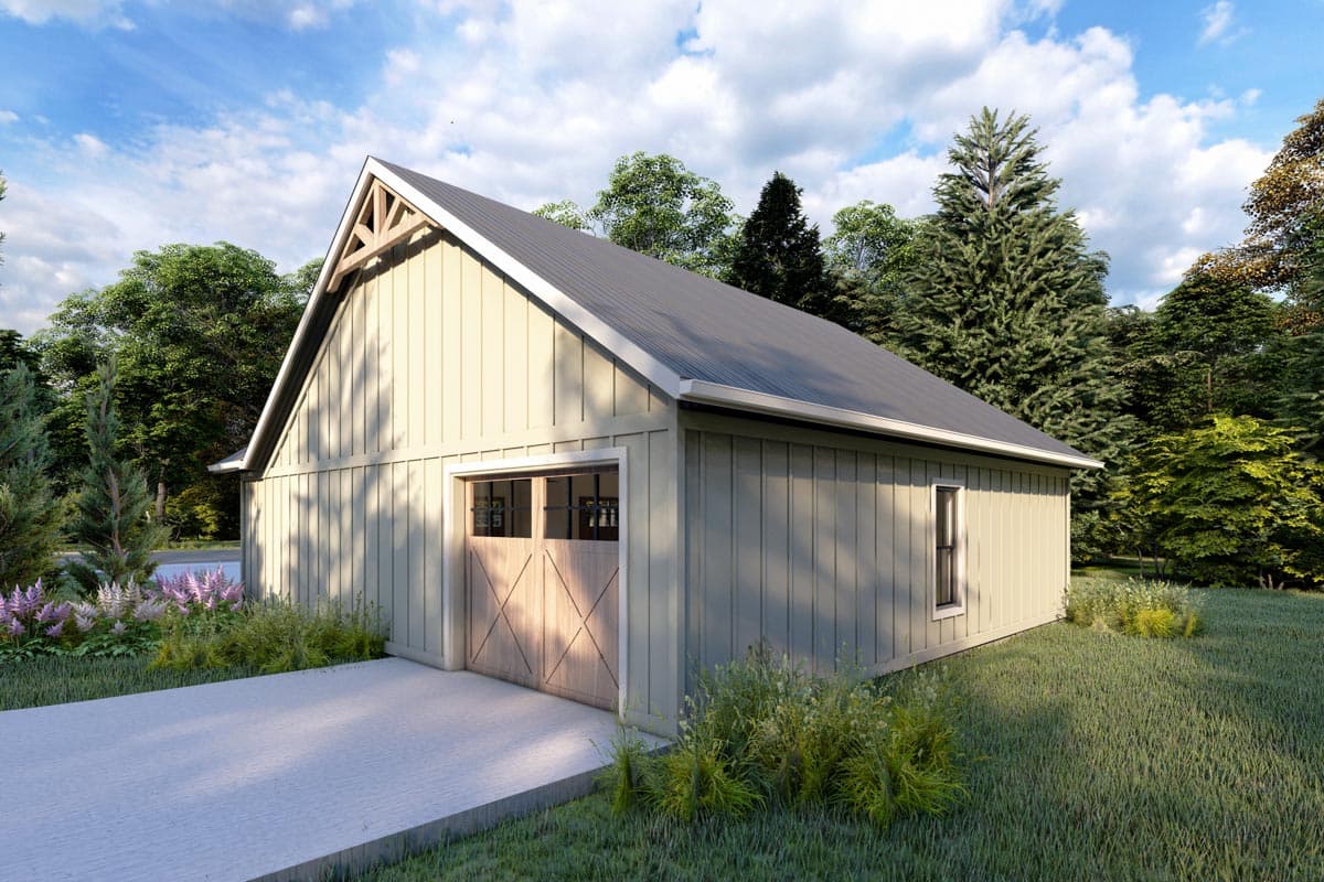 Garage exterior in Modern Farmhouse style with board and batten siding, gable roof, exposed rafter tails, and wooden garage door.