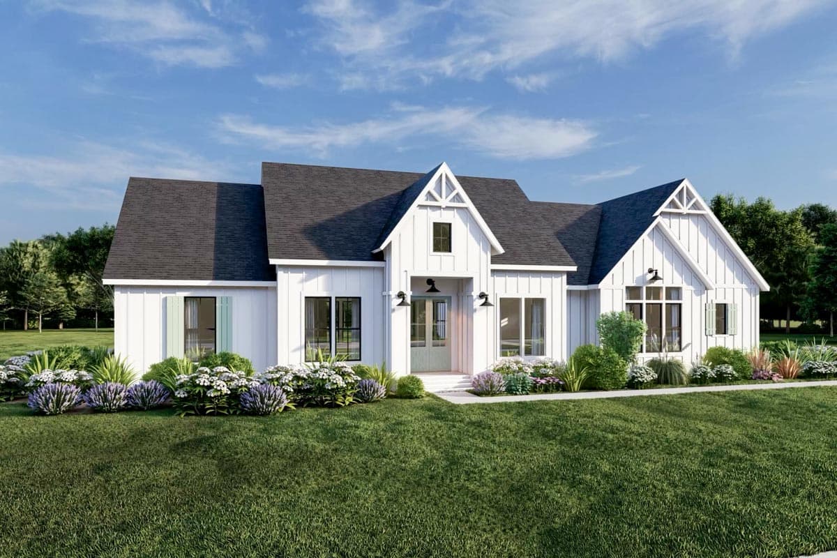 Modern Farmhouse style house plan exterior with board and batten siding, gables, dormers, and a covered entry.