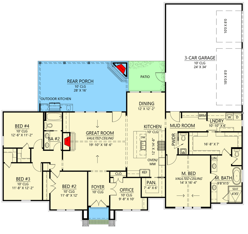 Plan 56538SM: 4-Bed Modern Farmhouse Plan with Outdoor Kitchen Under 2400 Square Feet - Floor Plan - Main Level - Country, Farmhouse, Modern Farmhouse, Ranch, Traditional