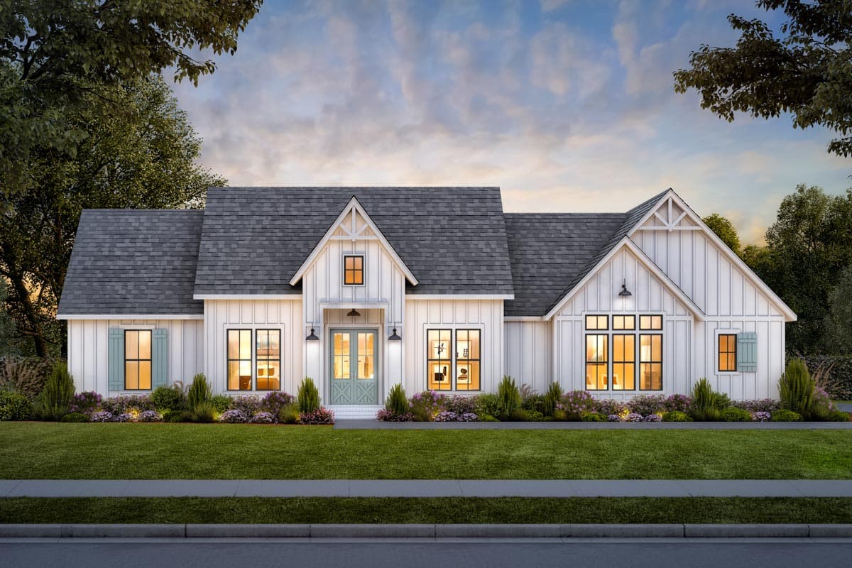 Farmhouse-style house plan exterior with multiple gables, board-and-batten siding, and a covered front porch with double doors.