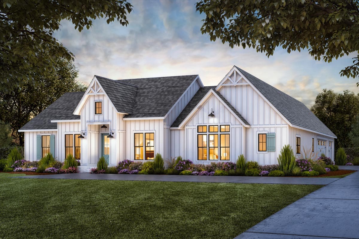 Modern Farmhouse house plan exterior, one story, white board and batten siding, gables with decorative trim, large windows.