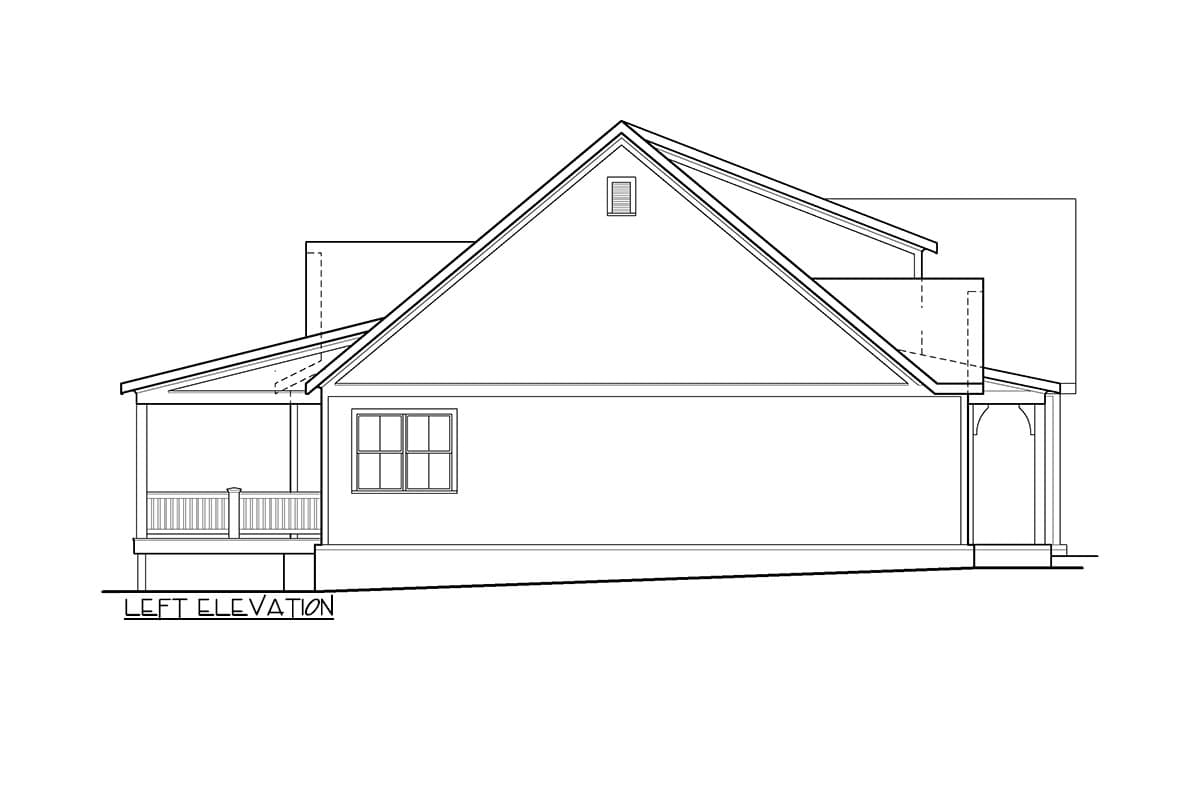 Left elevation house plan with a gable roof, porch, and window.