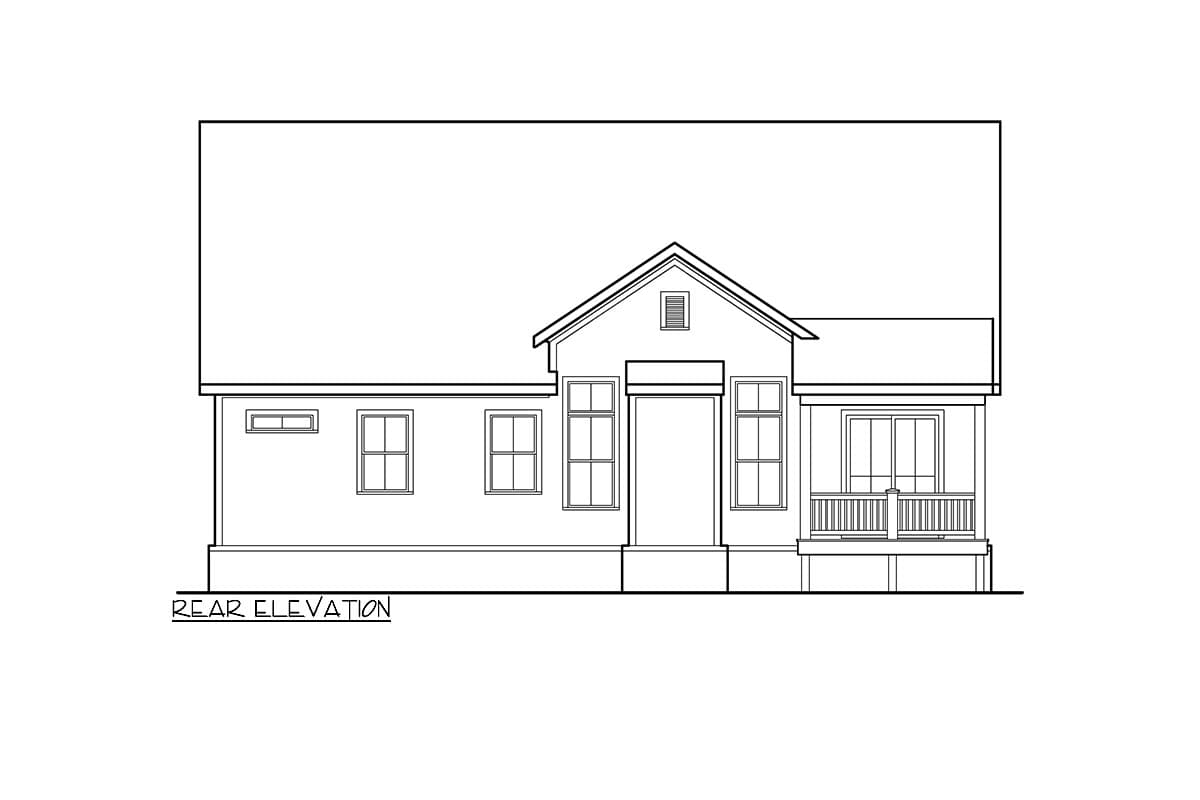 Rear elevation drawing of a one-story house plan with gabled central entry, porch, and multiple windows.