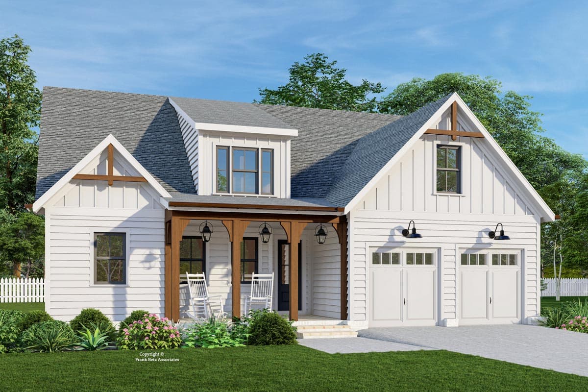 Modern Farmhouse house plan exterior featuring a covered porch with arched supports, dormer, and a two-car garage.