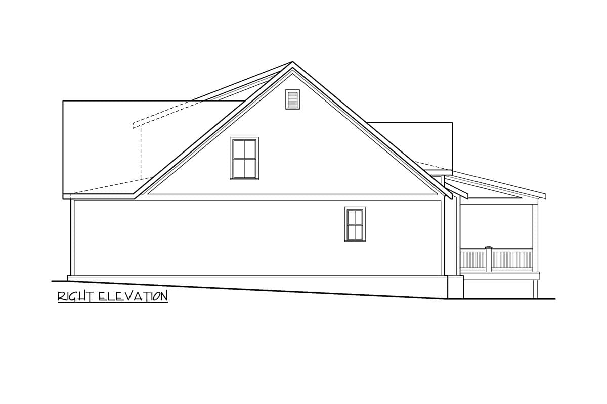 House plan right elevation showing a gable roof, dormer window, and covered porch.