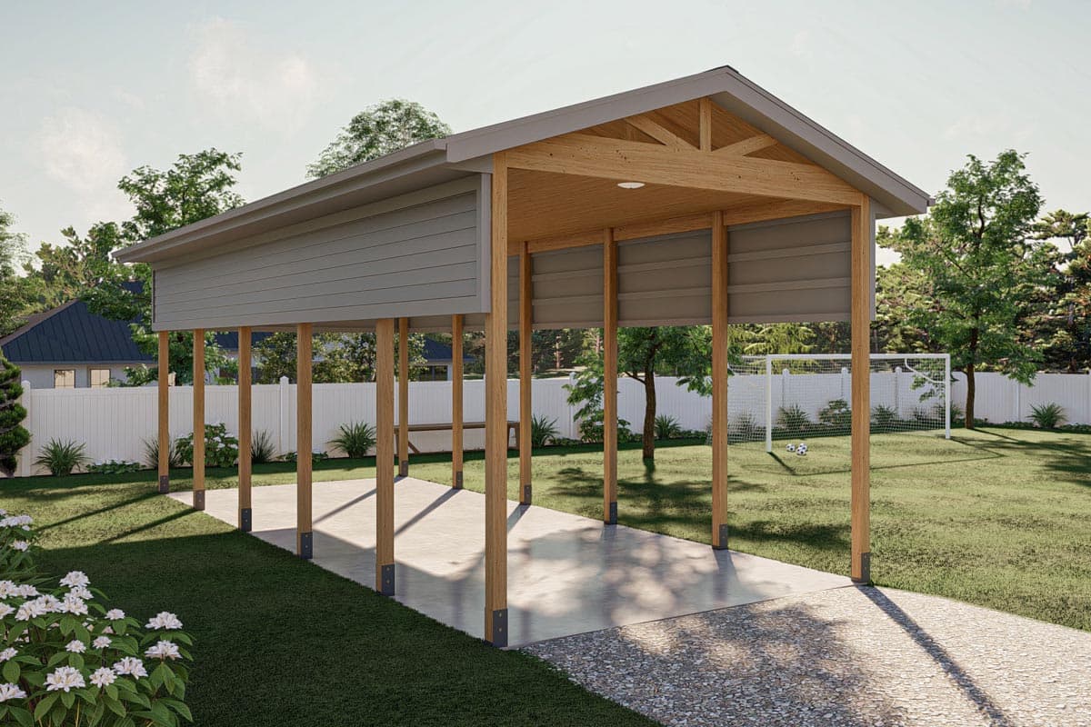 Carport exterior with exposed wood beams, a gable roof, and horizontal siding, supported by wooden posts.