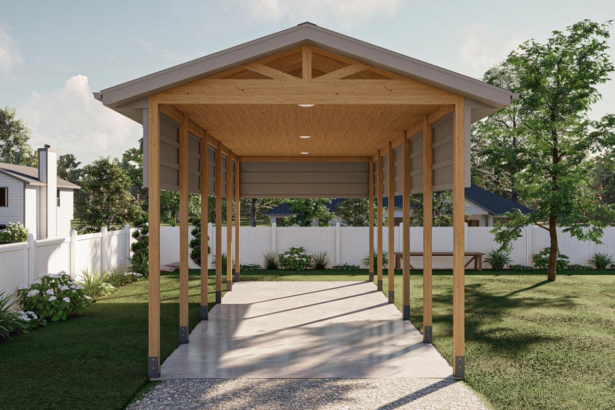 House plan exterior rendering of a modern carport with exposed wood beams, concrete floor, and multiple support posts.