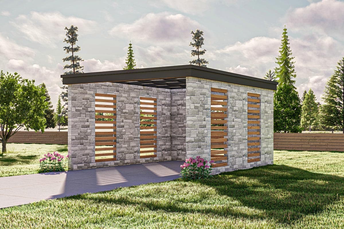 House plan exterior with a stone facade, flat roof, and wooden slat detail on exterior walls. Concrete walkway in front.