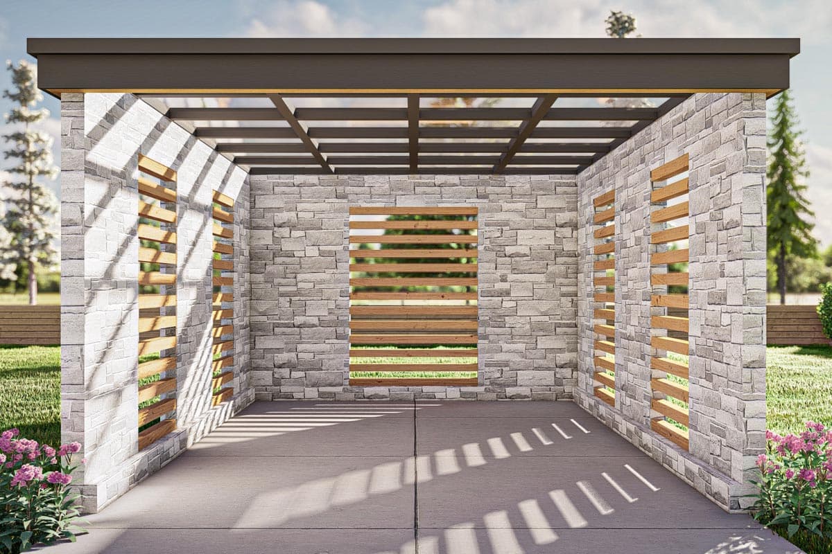 Plan 623255DJ: One Stall Carport with Stone Facade and Translucent Plexiglass Roof - Image #6 - Contemporary, Mid Century Modern, Modern