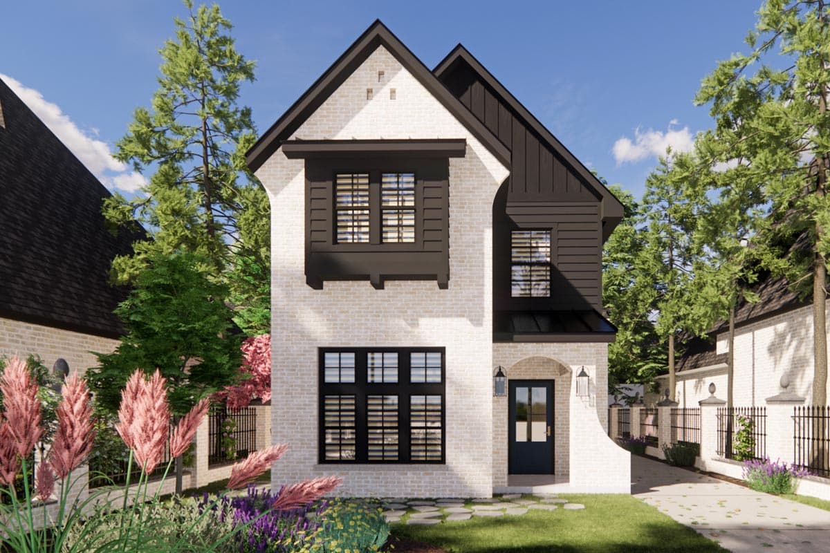 House plan exterior. Two-story home with a gabled roof, brick facade, and dark trim. Features include a covered entry and multiple window styles.