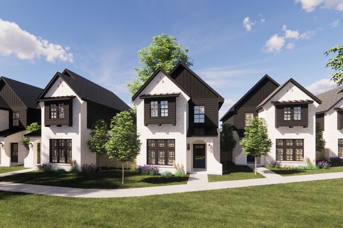 House plan exterior: two-story Modern Farmhouse with white brick, dark gables, black-trimmed windows, and covered entry.