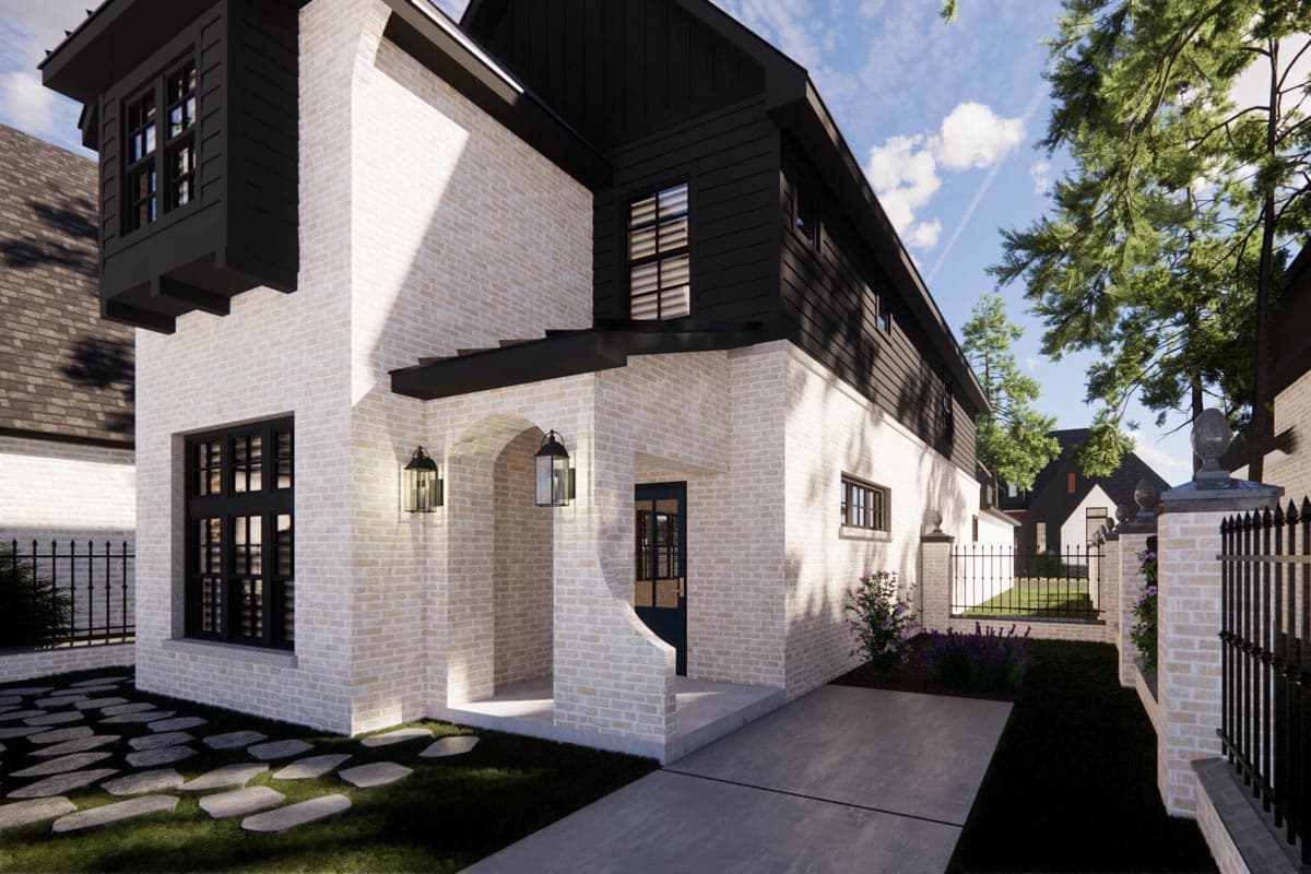 Modern house plan exterior with white brick, black wood siding, arched entryway, and dormer window.