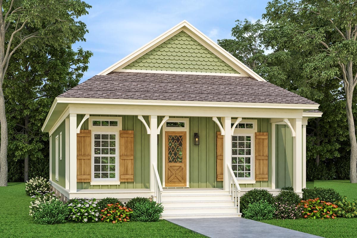 Craftsman style house plan exterior with a covered front porch, arched supports, decorative gable shingles, and board and batten siding.