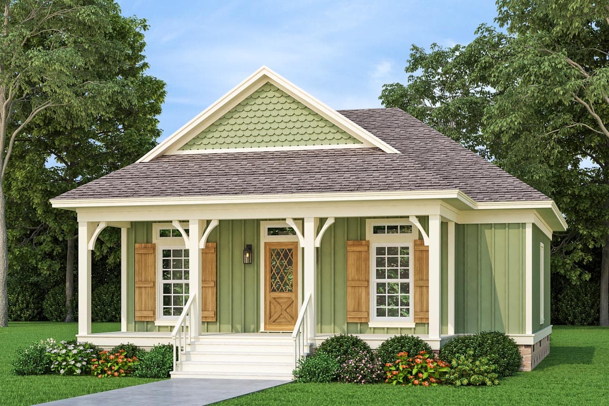 House plan exterior featuring a Cottage style with a front porch, gables, and decorative trim. Includes shutters, a front door and a low-pitched roof.