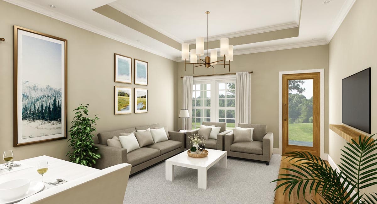 Interior rendering of a living room with a sofa, armchairs, coffee table, and tray ceiling with recessed lighting.