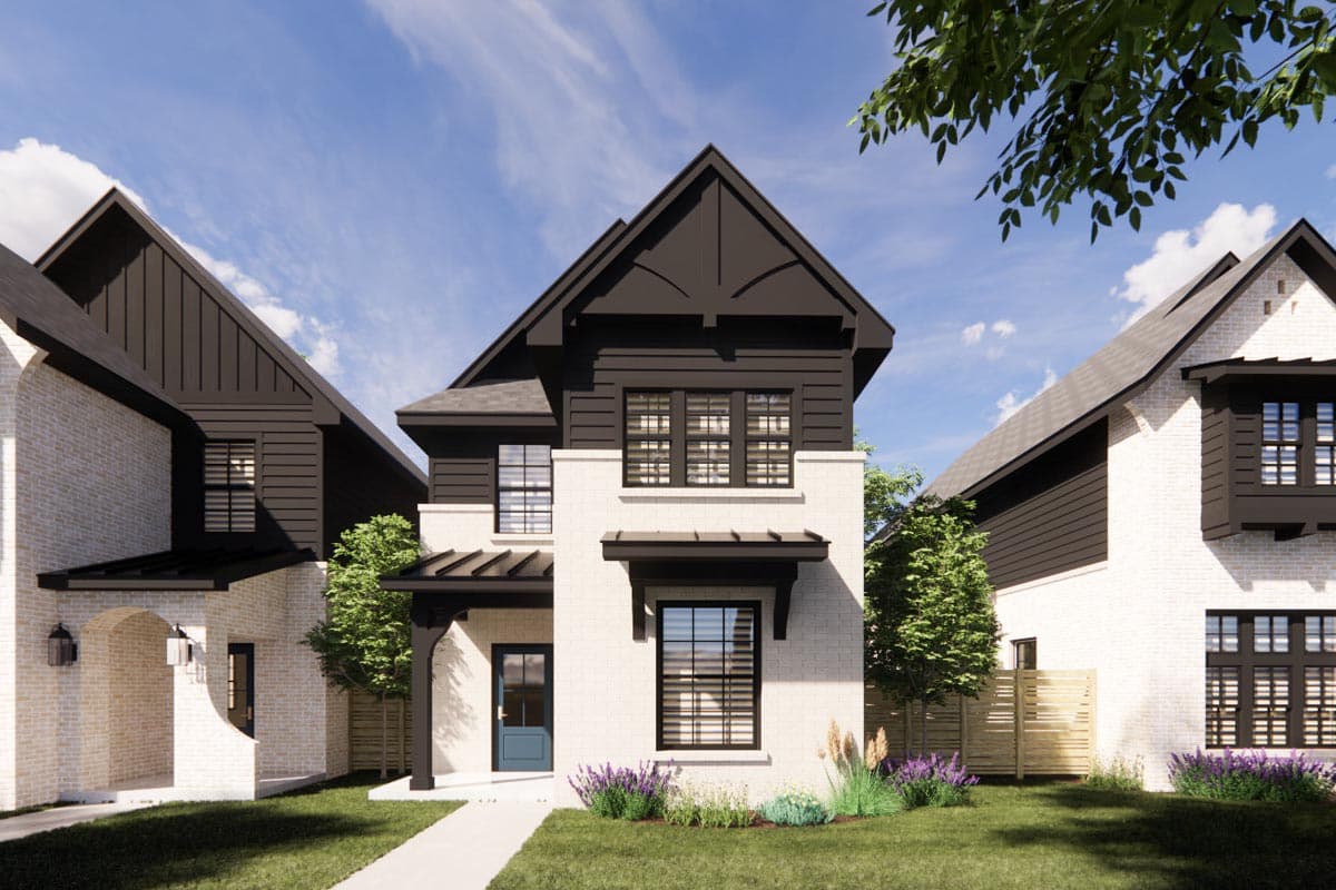 House plan exterior. Two-story home with a gable roof, brick facade, and black accent trim. Features include a front porch and awnings.