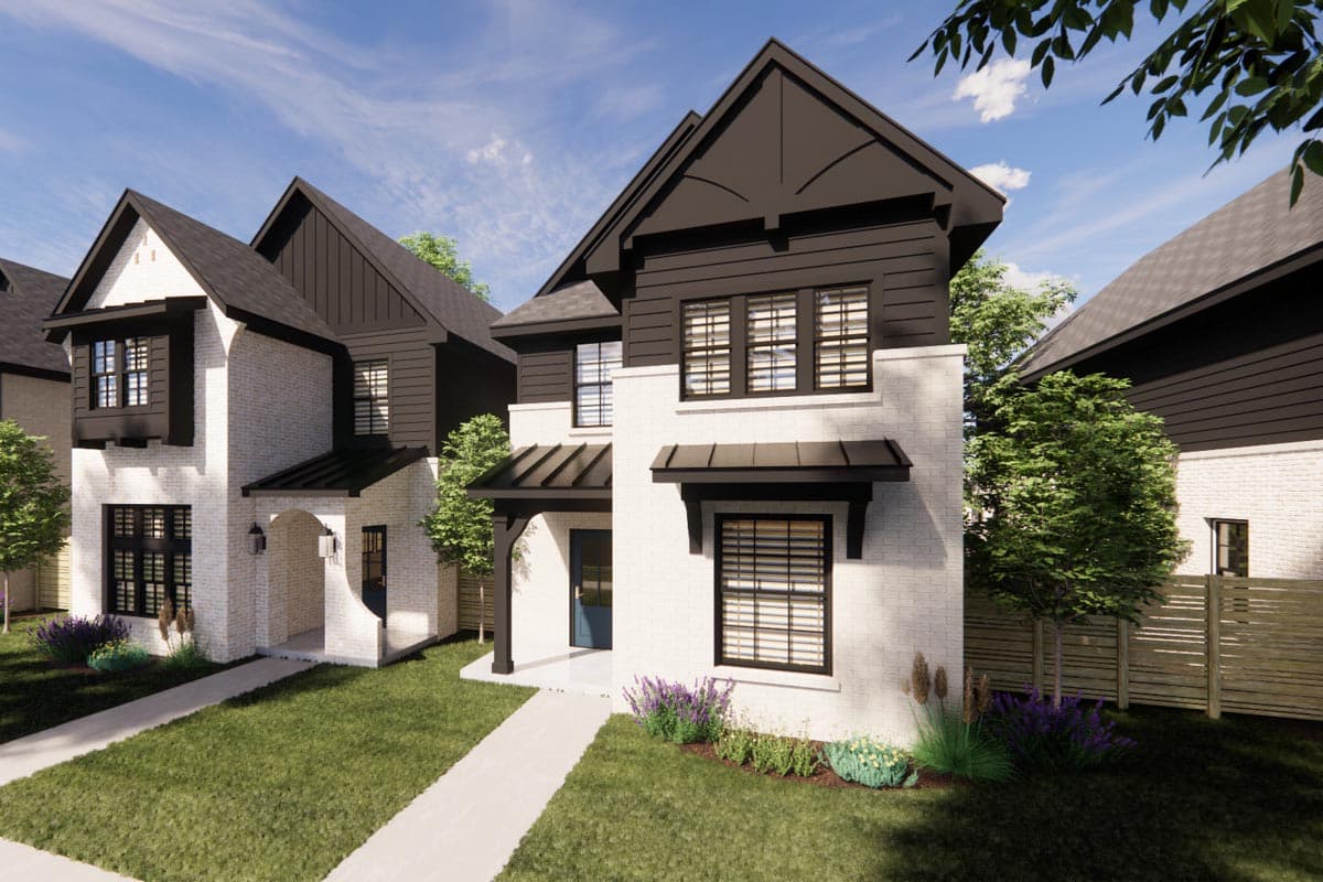 House plan exterior: Modern style, two stories, white brick, dark gables, projecting window bay, and covered entry.