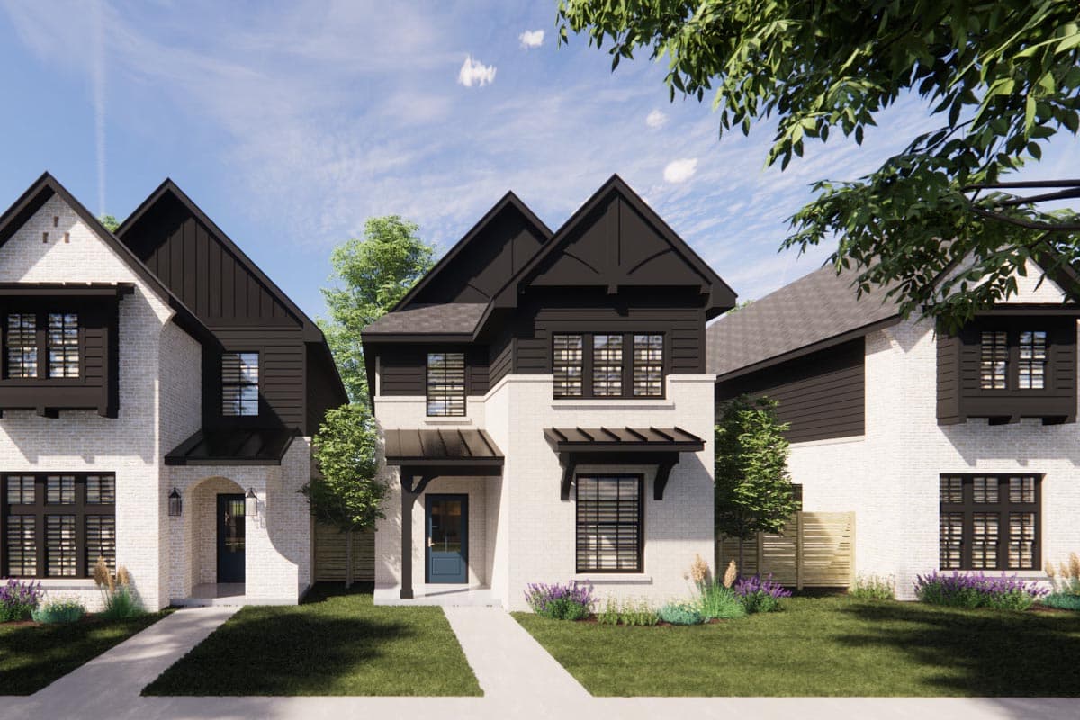 House plan exterior with white brick facade, dark gables, and multiple window styles.