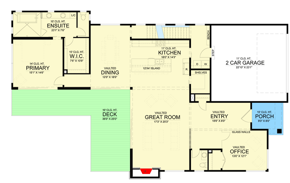 Plan 365038PED: 2652 Square Foot Mid-Century Modern House Plan with Walkout Basement Expansion - Floor Plan - Main Level - Contemporary, Mid Century Modern, Modern, Prairie