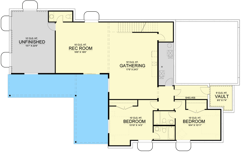 Plan 365038PED: 2652 Square Foot Mid-Century Modern House Plan with Walkout Basement Expansion - Floor Plan - Lower Level - Contemporary, Mid Century Modern, Modern, Prairie