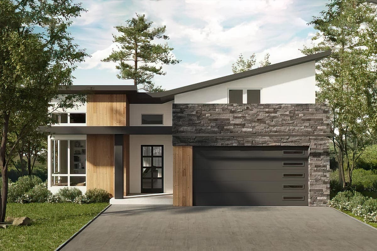 House plan exterior. Modern style, two stories, flat roof, exterior stone accents, and wood siding. Attached garage with minimalist windows.
