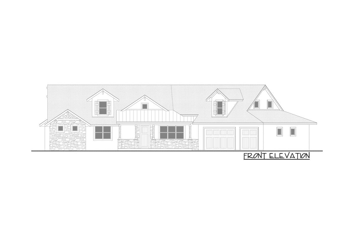 Front elevation house plan with stone accents, gabled dormers, porch, and a three-car garage.