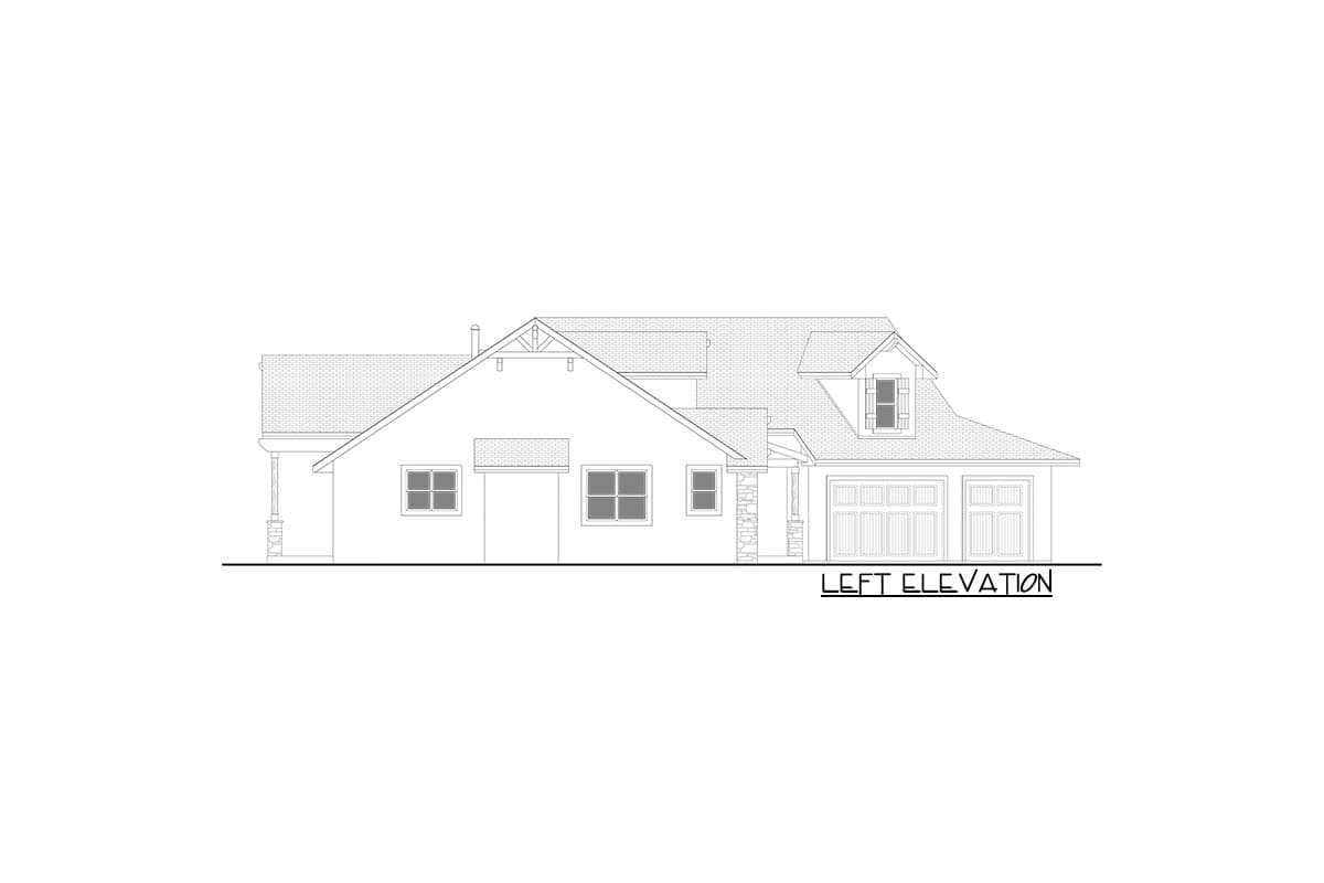 House plan left elevation drawing with a dormer, three-car garage, and stone-accented entryway.