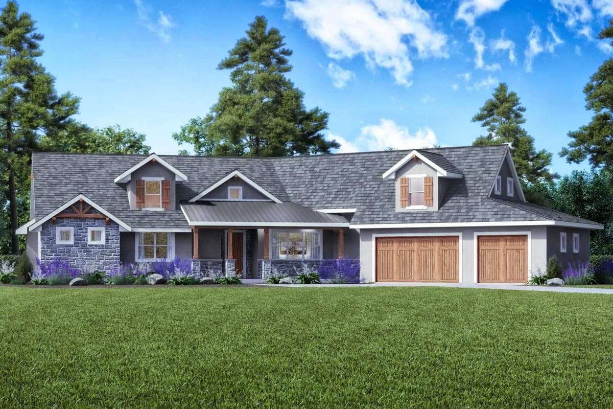 House plan exterior. Two-story Craftsman home with a gabled roof, dormers, a front porch, and an attached two-car garage.