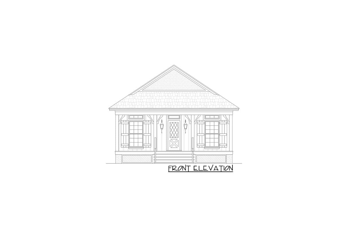 Front elevation drawing of a house plan with a covered porch, double-hung windows with shutters, and a gabled roof.