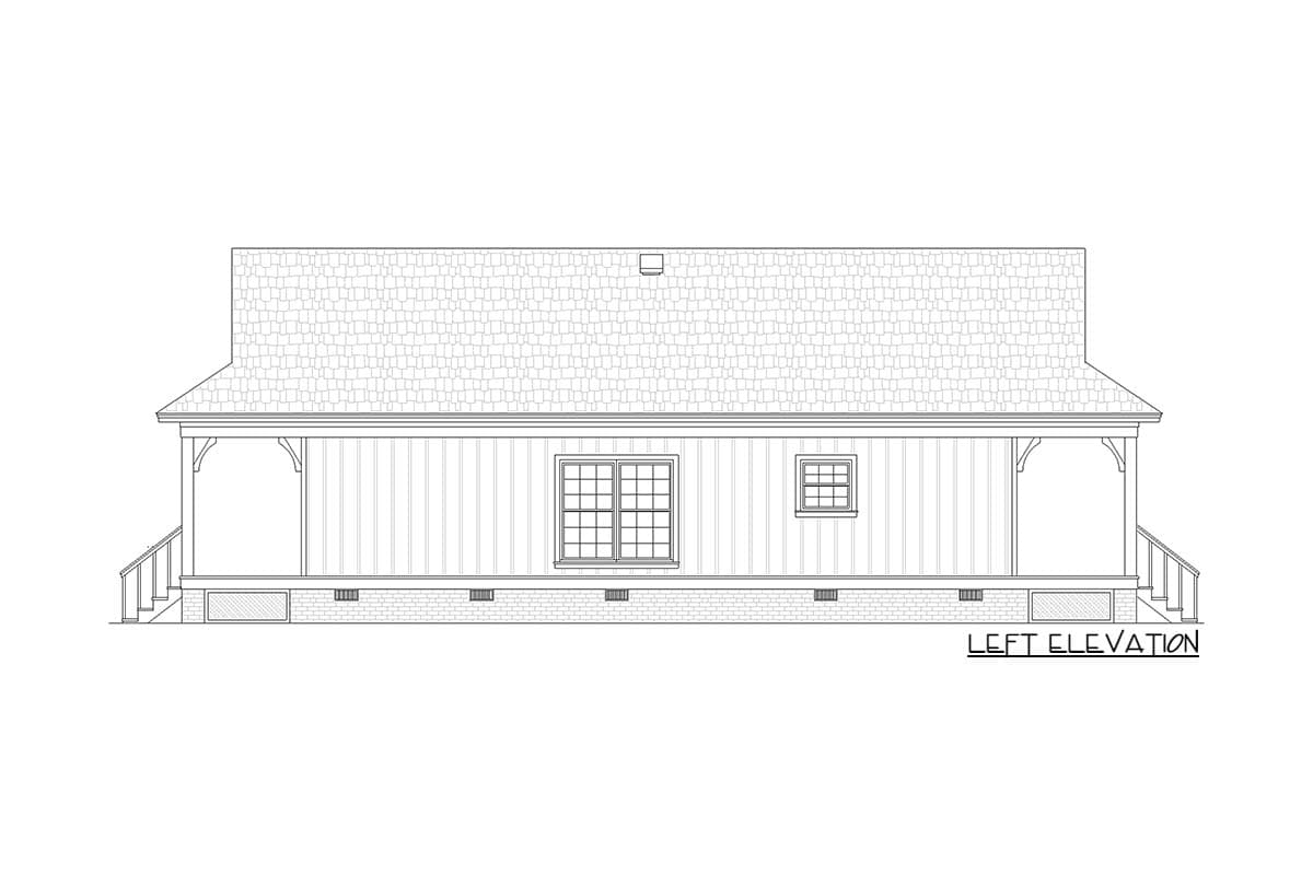 Left elevation house plan showing a one-story home with a hip roof, side porches, and vertical siding.
