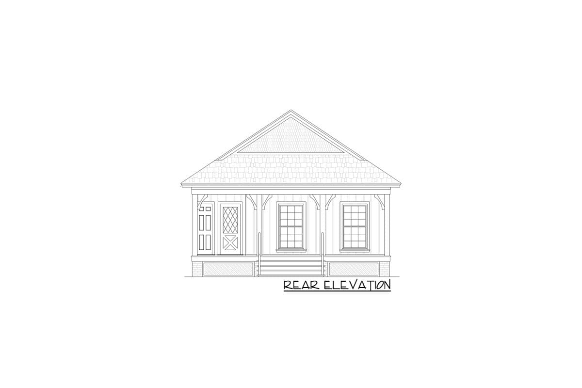 Rear elevation house plan for a one-story home with a covered porch, double door, and three windows.