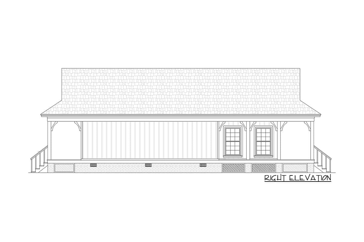 Right elevation house plan exterior: One-story, porch with decorative brackets, vertical siding, and two double-hung windows.