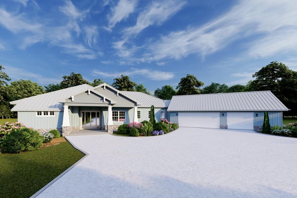 Modern Farmhouse house plan exterior with gabled roof, covered entry porch, and attached three-car garage.