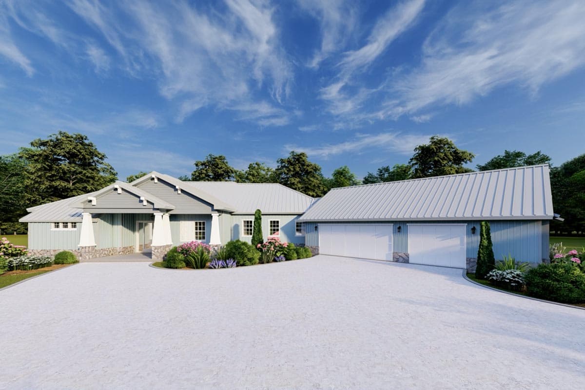 House plan exterior, single-story Modern Farmhouse with a covered entry, stone base, and attached three-car garage.