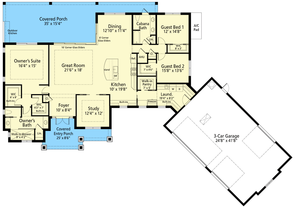 Plan 33259ZR: Craftsman-Style House Plan with 3 Bedrooms and Angled Garage - 2534 Sq Ft - Floor Plan - Main Level - Craftsman, New American, Ranch, Transitional