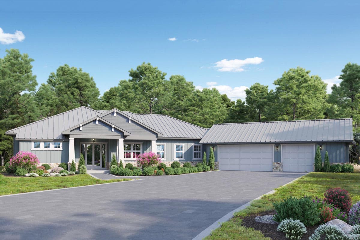 House plan exterior. Ranch style with a gabled roof and covered porch. Features a detached garage with two bays and a matching roofline.