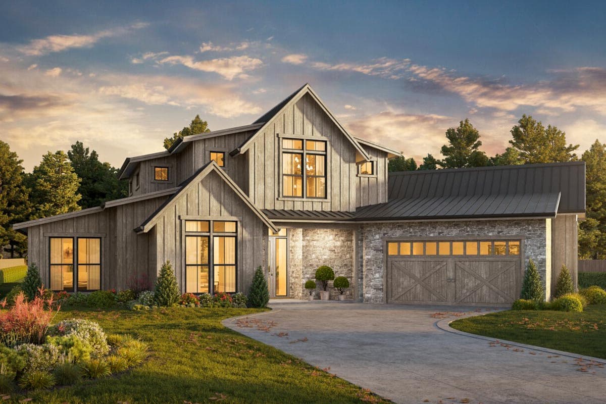 Modern Farmhouse house plan exterior with multiple gables, vertical siding, stone accents, and a metal roof.