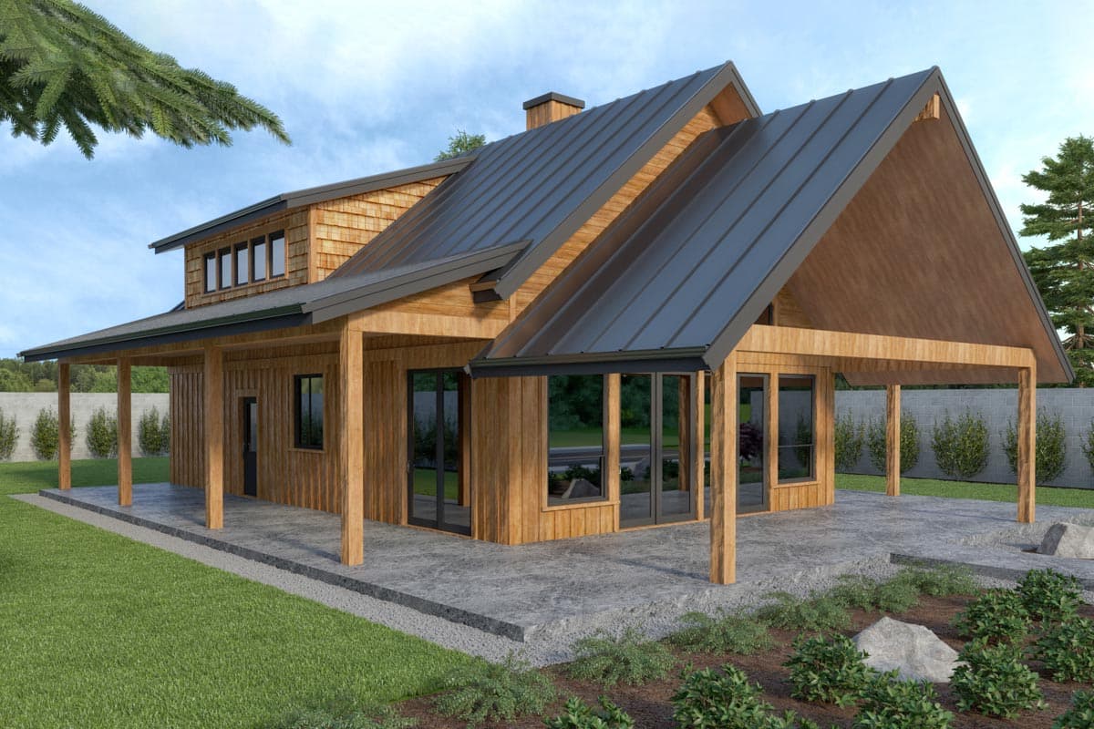 House plan exterior. Two-story, modern farmhouse style with a shed roof, a covered porch, and a dormer. Wood siding and dark metal roof.