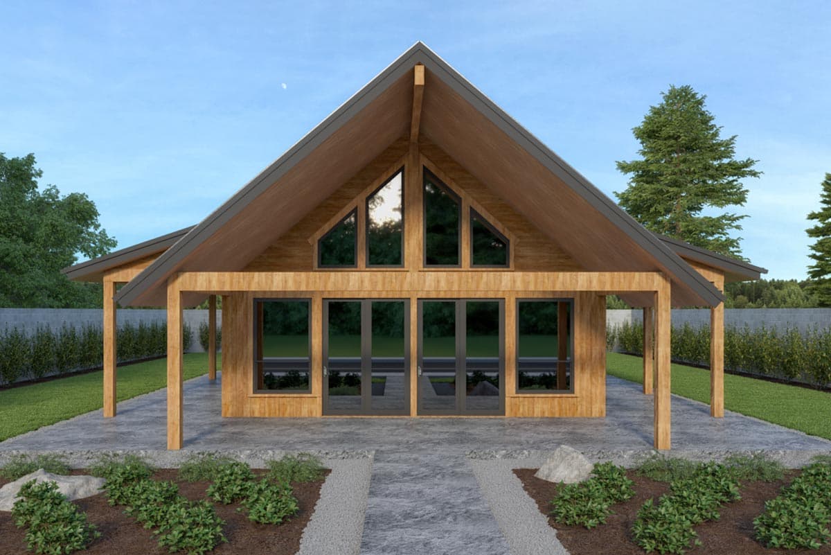 House plan exterior: Modern style with a prominent gable, A-frame windows, and covered entryway.
