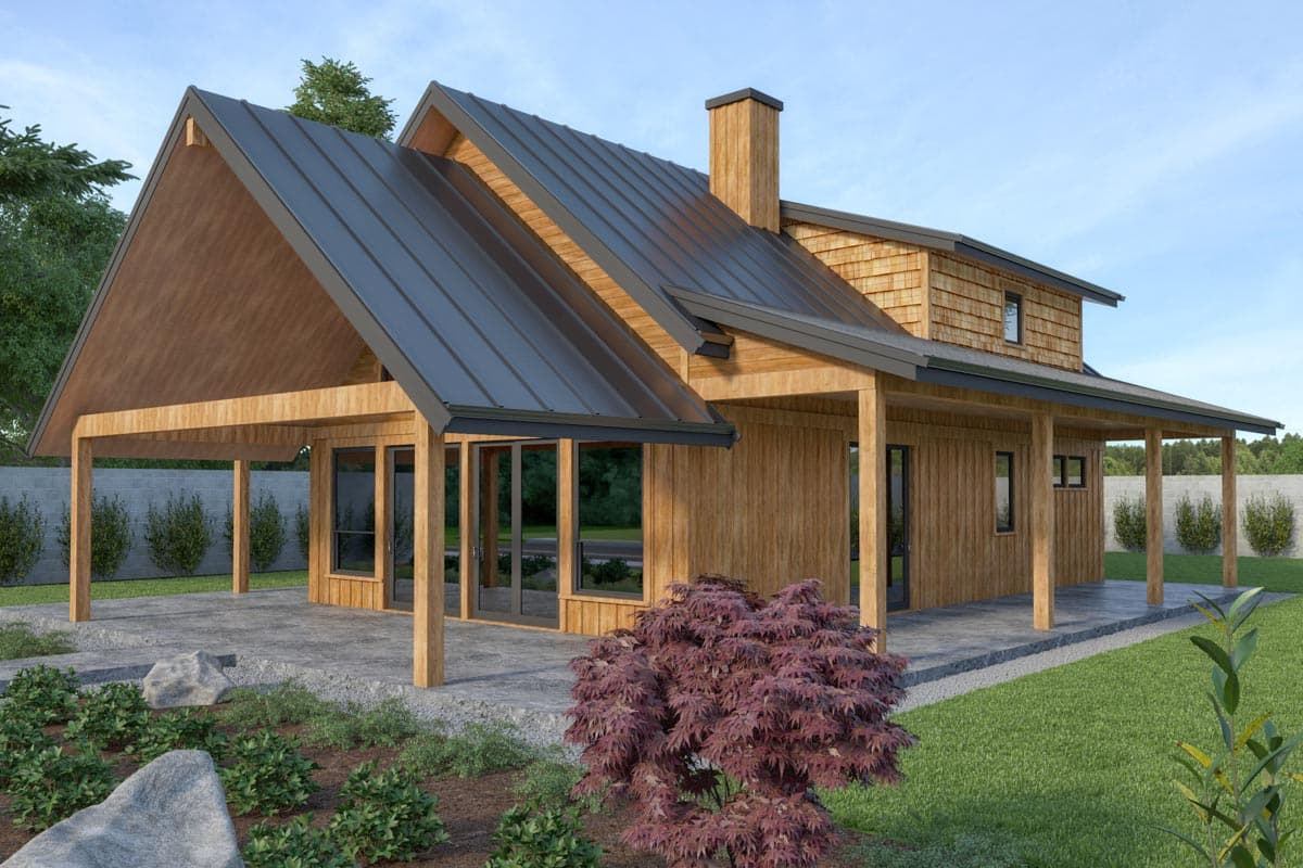 House plan exterior: Modern style, two stories, metal roof, wood siding, and covered porch.
