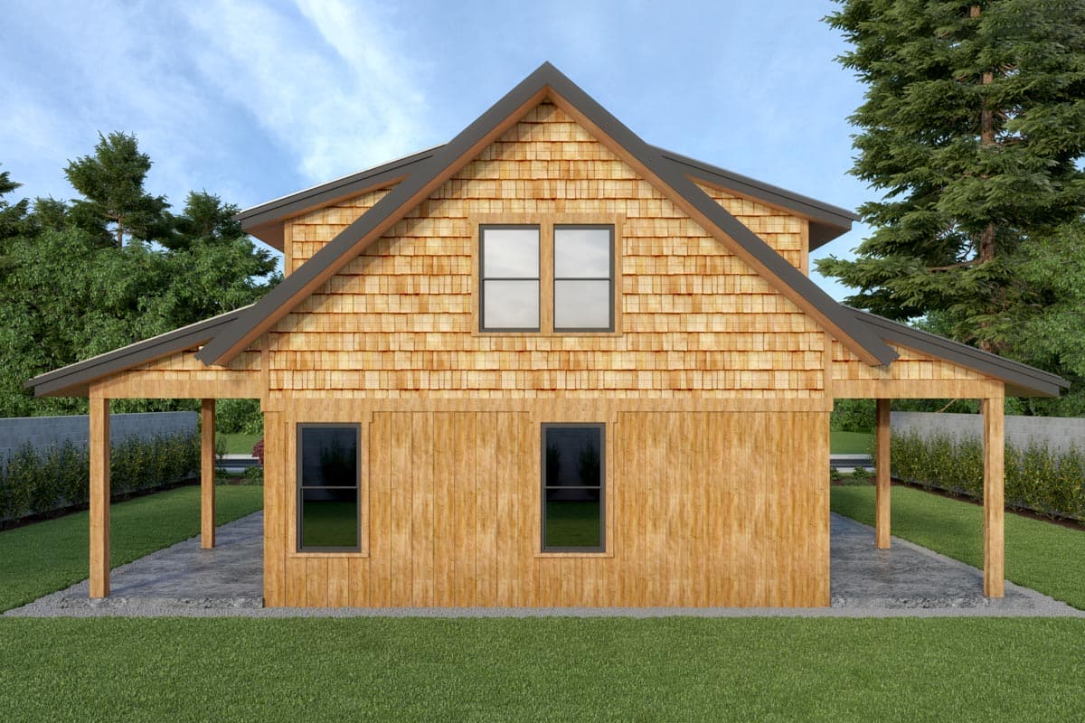 House plan exterior featuring a prominent gable roof, wood shingle siding, and a covered porch supported by timber posts.