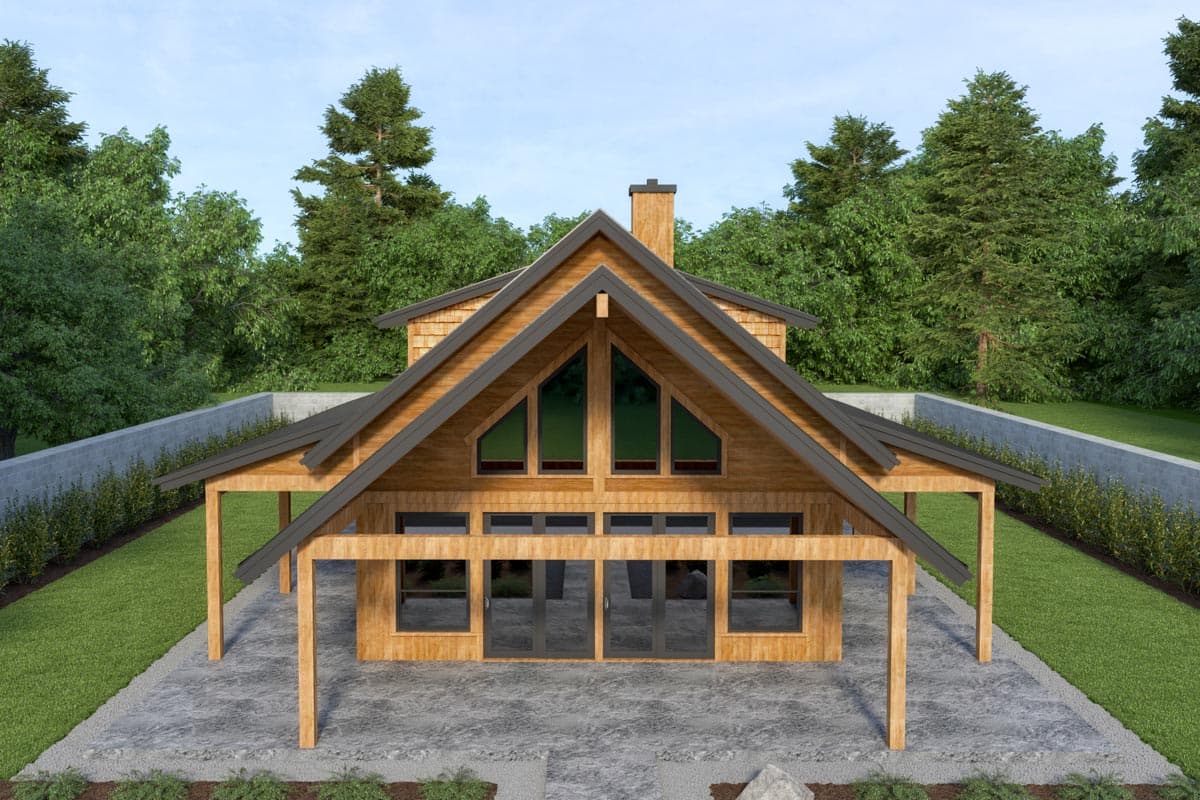 Modern cabin house plan exterior with a prominent gable roof, wood siding, and a covered porch with timber supports.