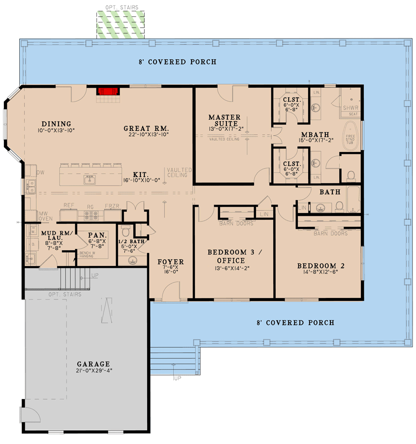 Plan 70851MK: 3 Bed Contemporary Farmhouse with 3-Sided Wrap-Around Porch - 2165 Sq FT - Floor Plan - Main Level - Country, Craftsman, Farmhouse, Modern Farmhouse, Traditional