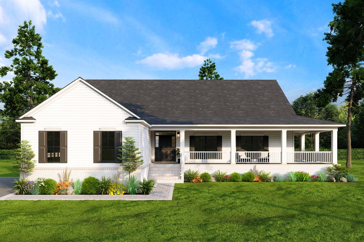 House plan exterior. Ranch style with a front porch, gabled roof, and dark shutters. Landscaping includes bushes and trees.